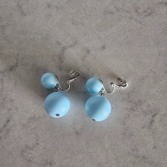 CROWN TRIFARI BABY BLUE DOUBLE BALL DROP CLIP-ON EARRINGS - Picture 6 of 11